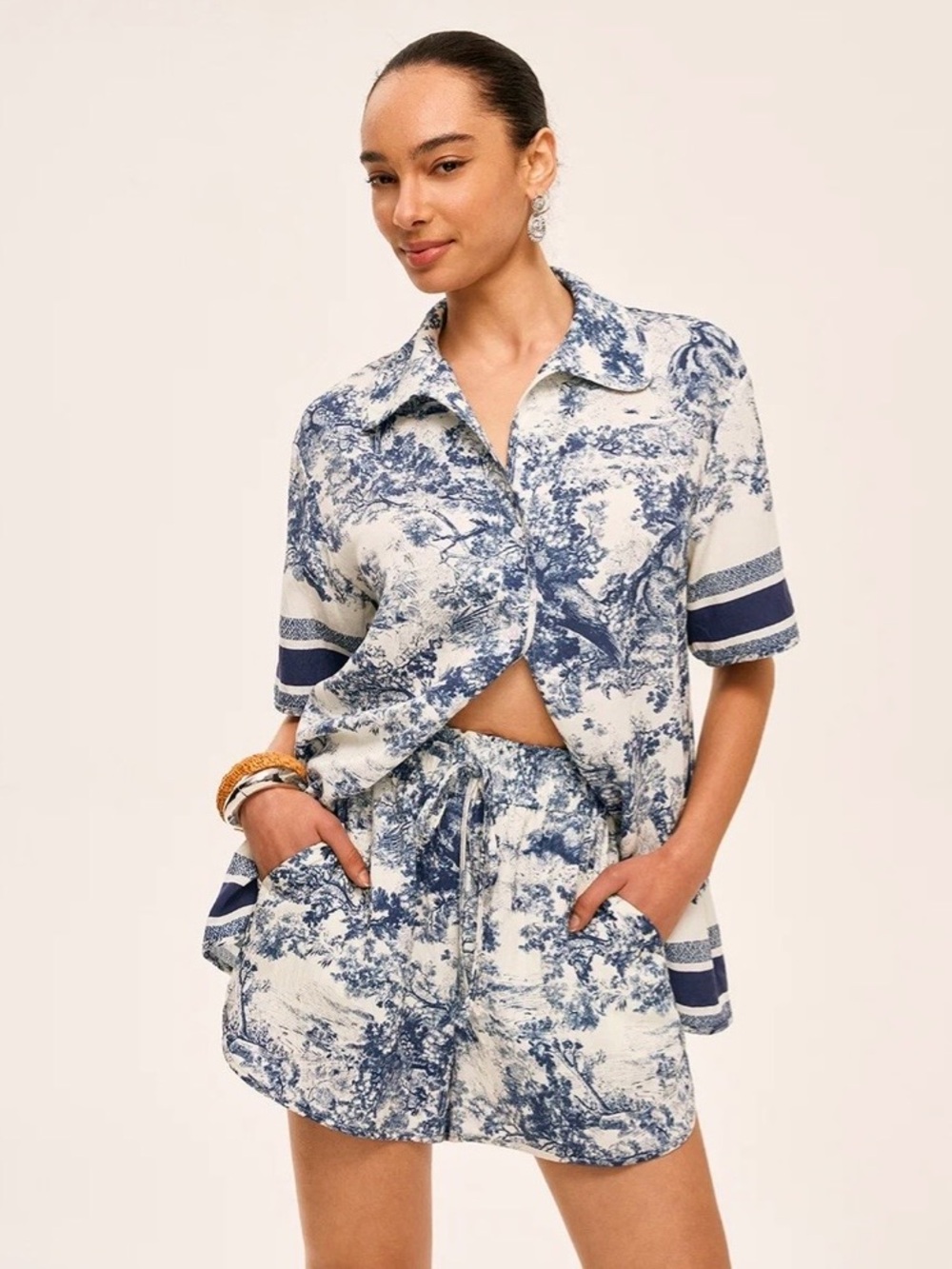 Blue Toile Printed Short Sleeve Button Down Shirt & Shorts Set